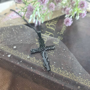 BLACK TREE CUTOUT CROSS NECKLACE