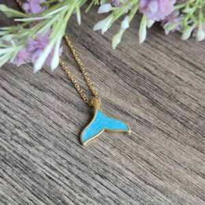 TEAL WHALE TAIL ENAMEL NECKLACE, GOLD